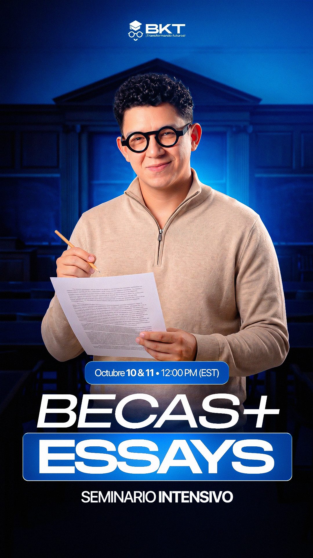 Flyer del Seminario Intensivo Becas + Essays — s&aacute;bado 10 y domingo 11 de octubre, en vivo con Luis Moros